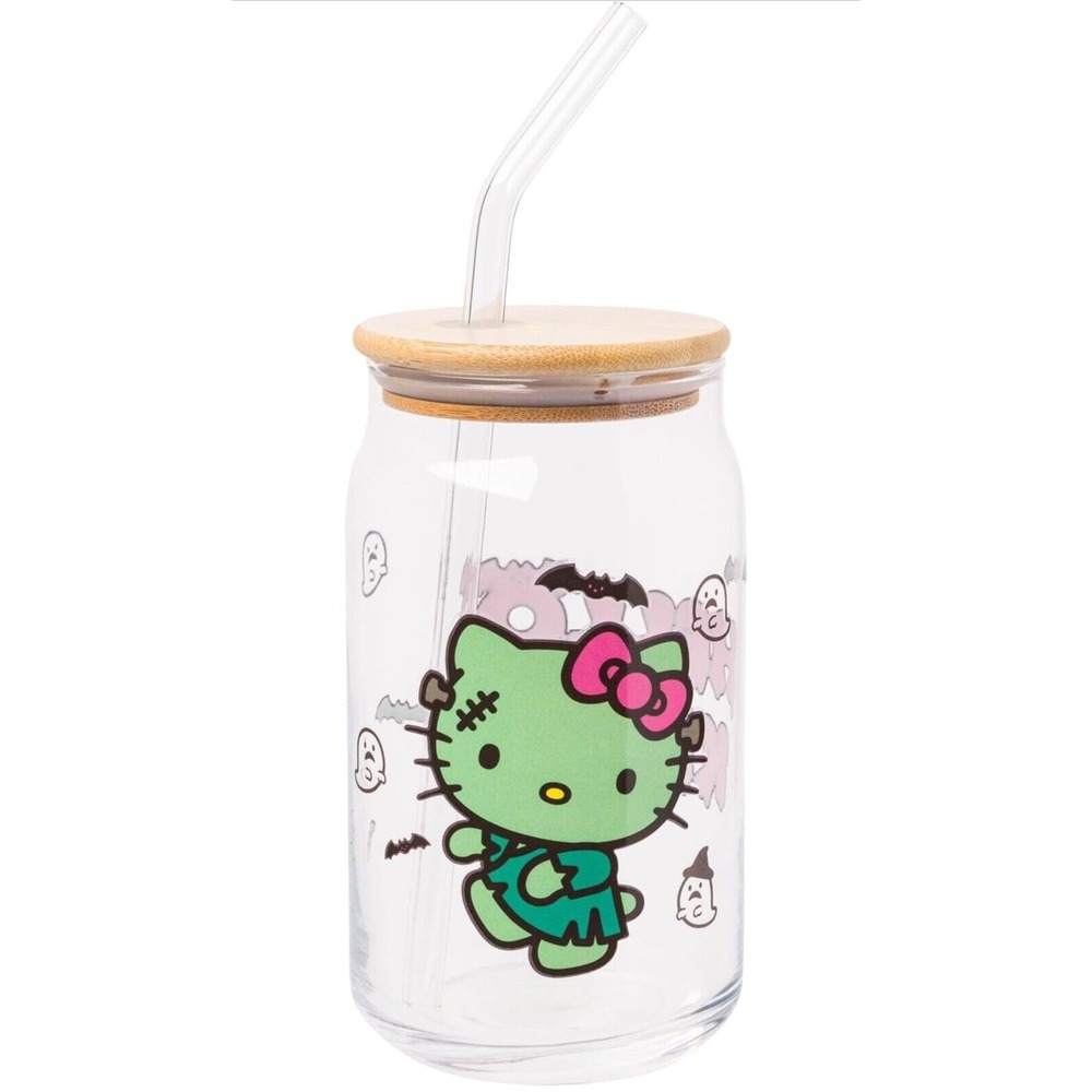 Hello Kitty 16 Oz. Frankenstein Glass Tumbler Bamboo Lid With Glass Straw Sanrio
